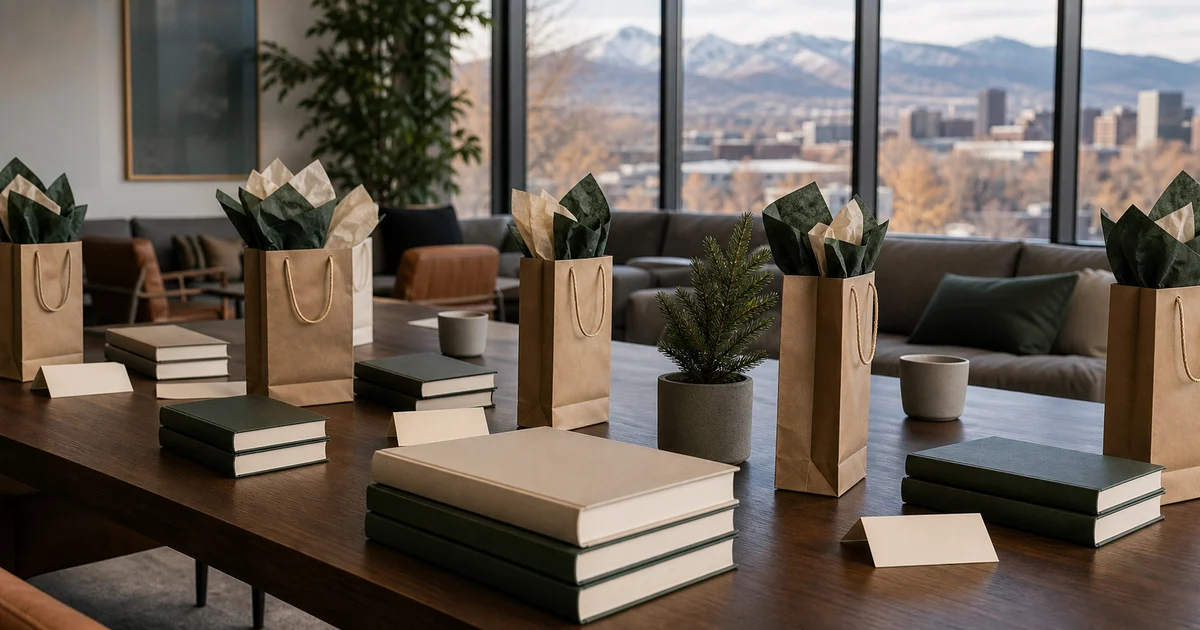 A mountain-view office lounge with blank books, tasteful gift bags, blank note cards, and warm autumn light.