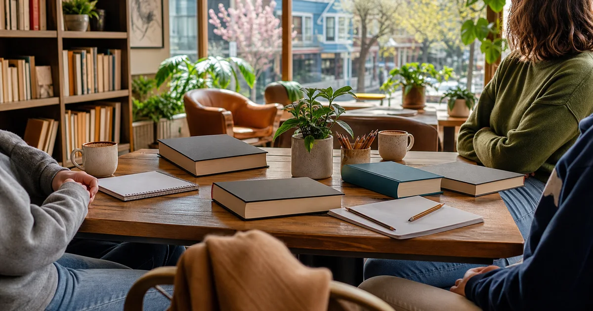 Bright Portland literary cafe with blank computer science books, notebooks, cocoa mugs, plants, and grouped chairs for a parent-led teen discussion