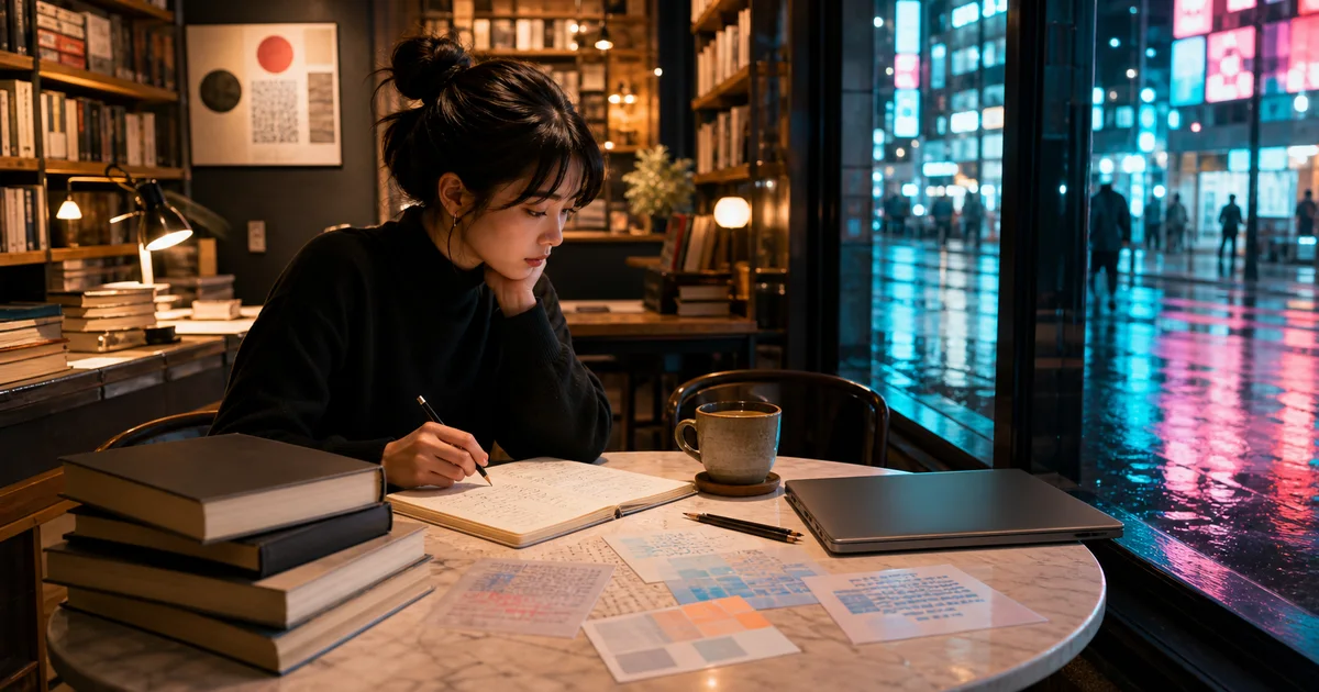 Bright Tokyo-style literary coffeehouse at night with blank technology books, abstract data cards, notebook, coffee, and an unbranded laptop