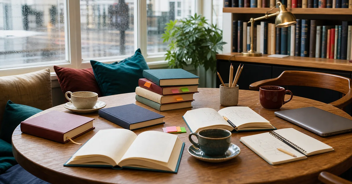 Bright London-inspired coffeehouse study corner with blank technology books, notebooks, coffee cups, page tabs, pencils, and a closed unbranded laptop