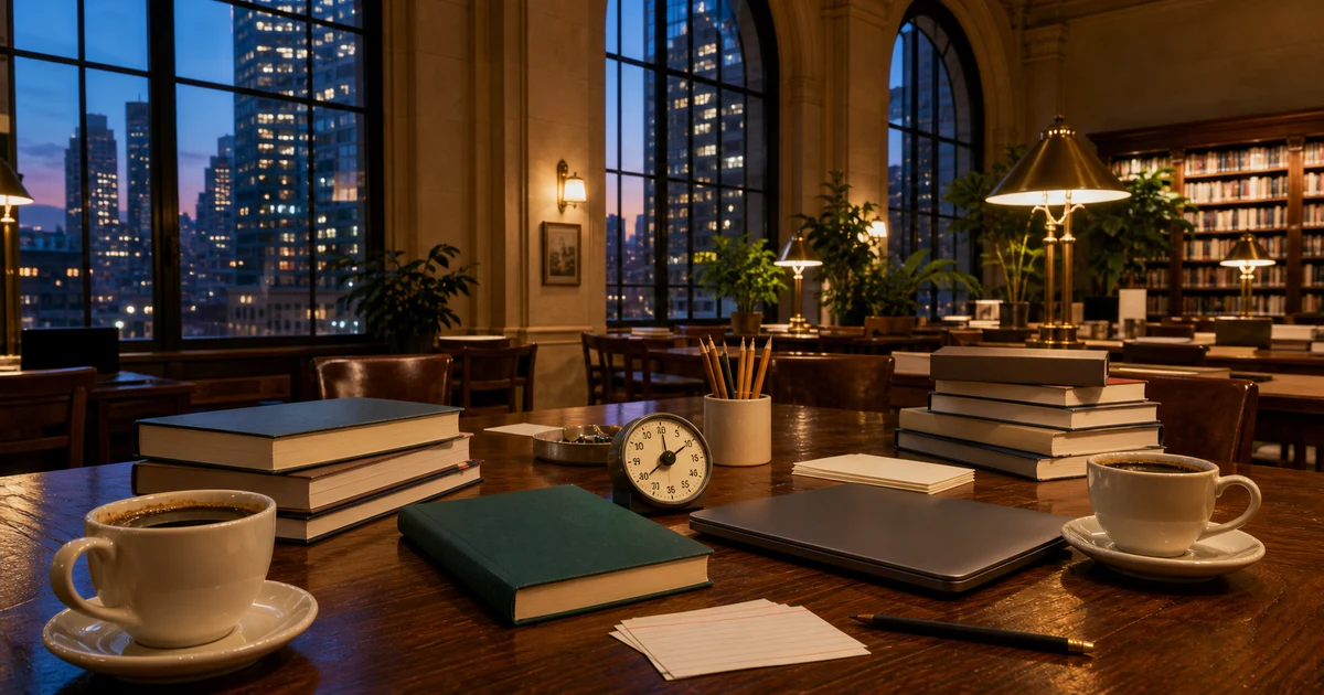 New York library coffeehouse reading room at dusk with blank technology books, coffee cups, note cards, pencils, and a closed laptop