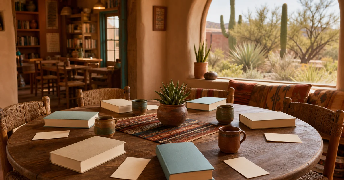 Santa Fe adobe cafe library with blank books, clay mugs, note cards, woven textiles, and desert plants outside an arched window