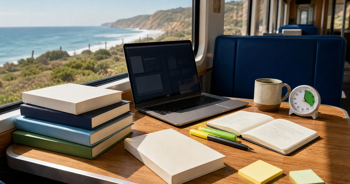 Sunlit coastal train cafe table with blank technology books, unbranded laptop, notes, highlighters, coffee, and an analog timer