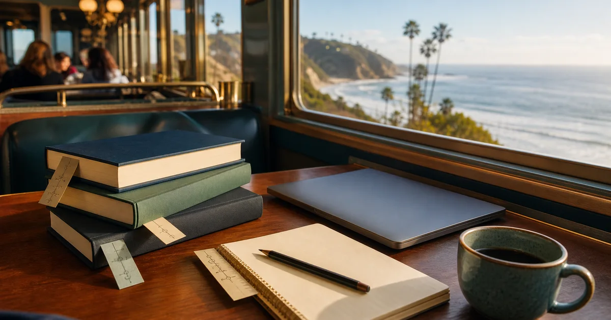 Bright California coastal train cafe table with blank technology-history books, an unbranded closed laptop, coffee, and ocean light