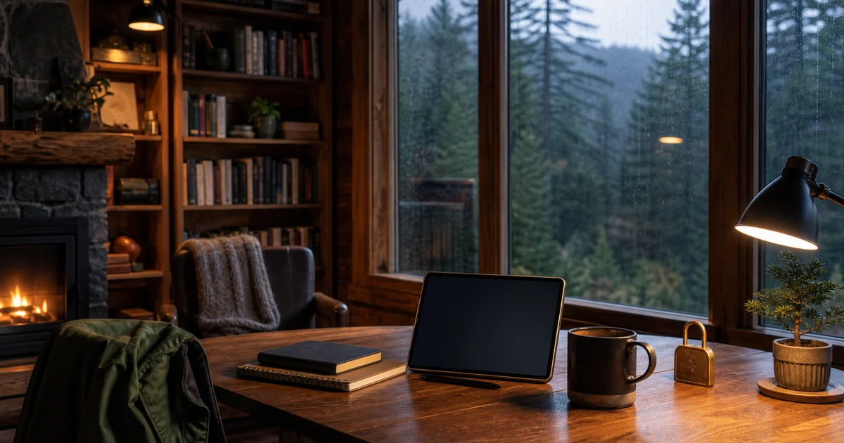 Pacific Northwest cabin library with a blank tablet, notebooks, coffee, brass lock paperweight, rain windows, and evergreen forest