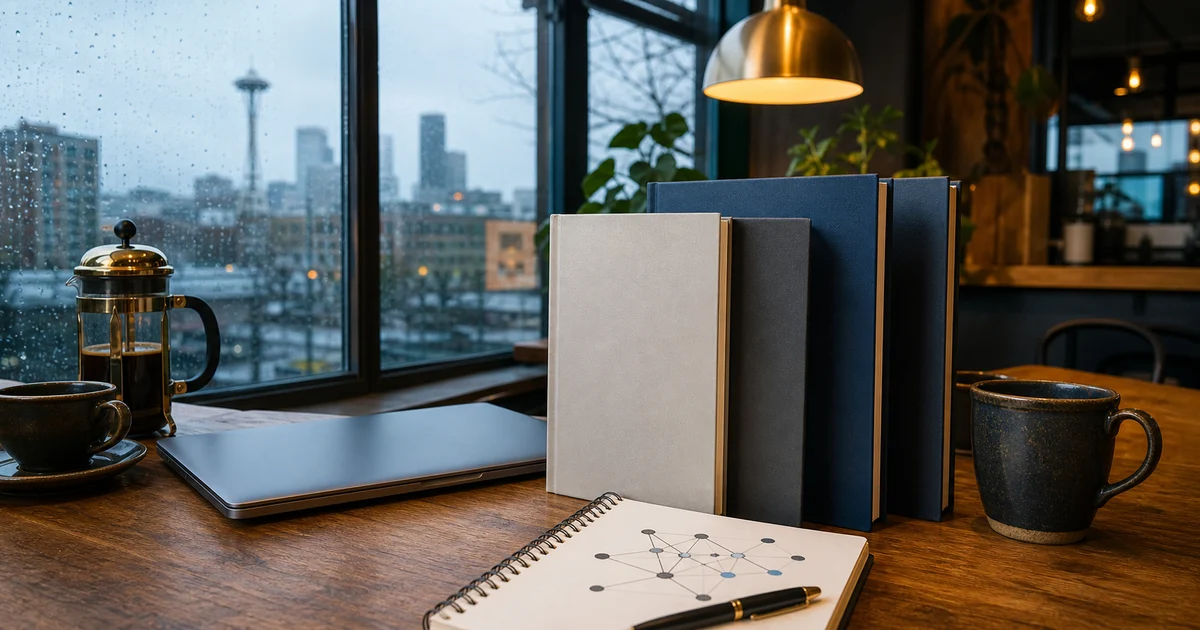 Rainy Seattle coffeehouse table with blank technology books, a closed laptop, abstract network notes, coffee, and skyline windows