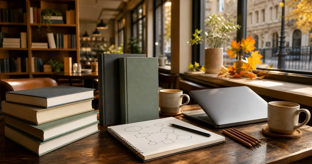 Warm literary cafe table with blank technology books, an abstract flowchart notebook, coffee cups, pencils, autumn leaves, and an unbranded laptop