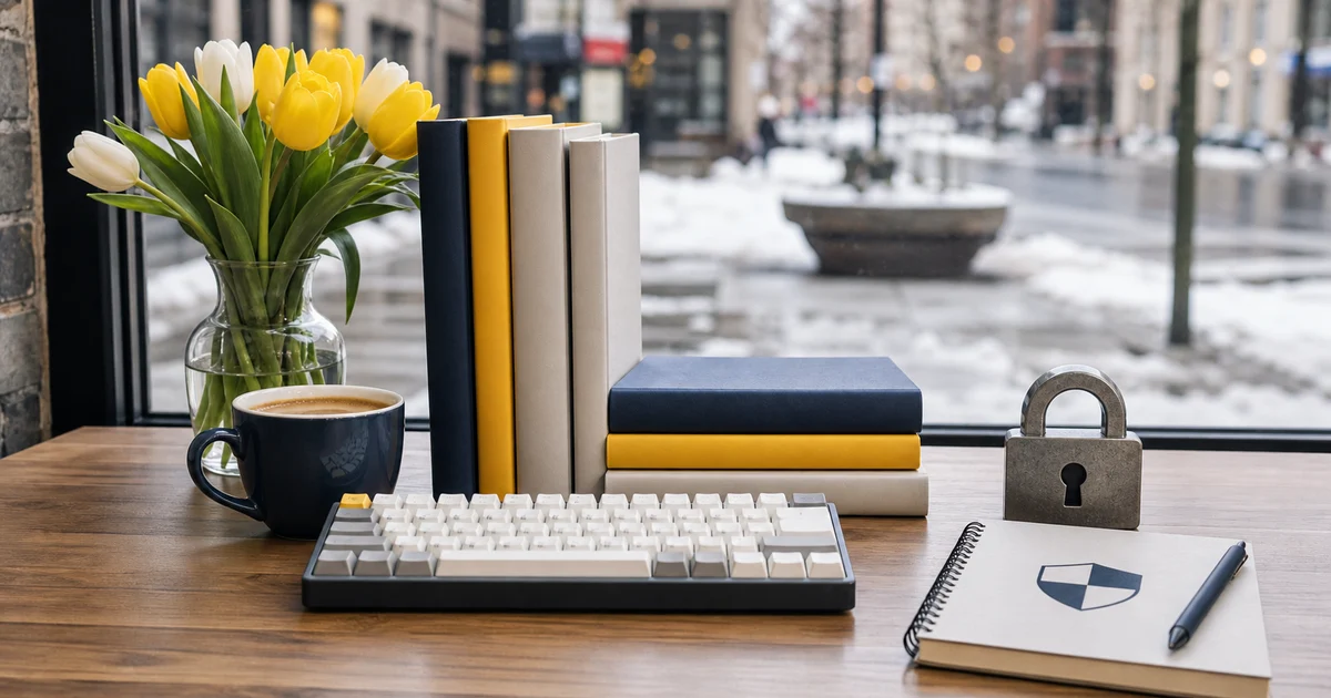 Chicago coffeehouse window desk with spring tulips, blank technology books, a keyboard, a lock paperweight, coffee, and snowy street view