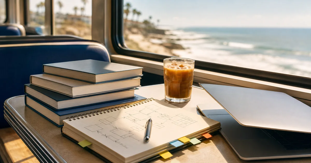 Bright California coastal train cafe table with blank technical books, iced coffee, abstract software notes, and an unbranded laptop in summer light