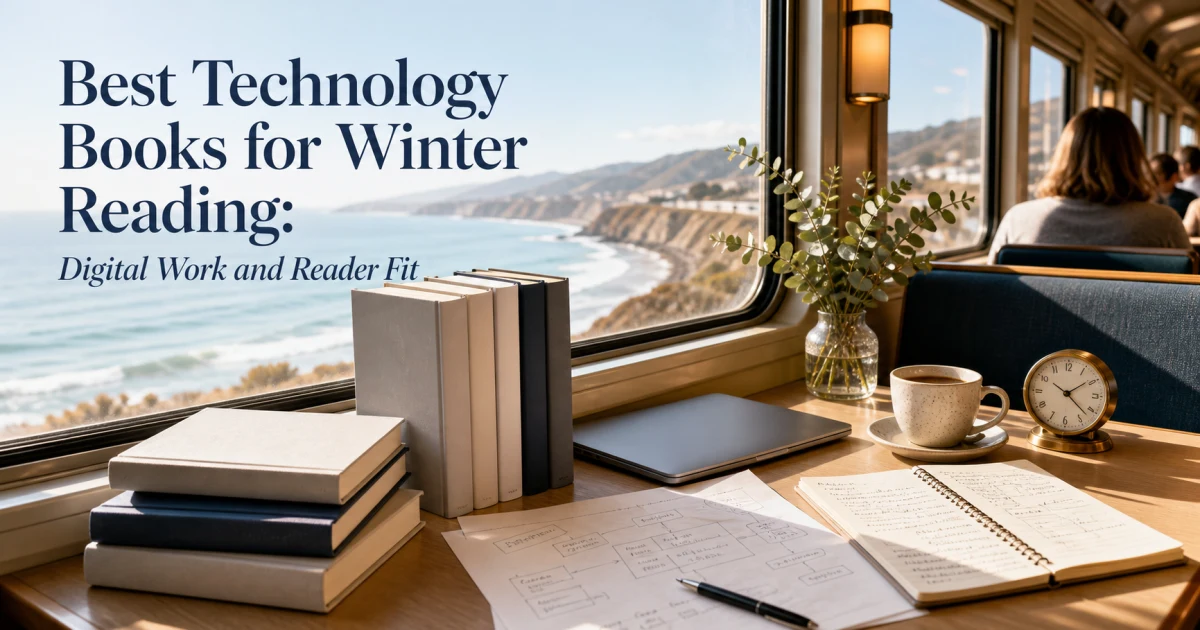 Bright California coastal train cafe table with blank technology books, notes, coffee, an unbranded laptop, and winter ocean light