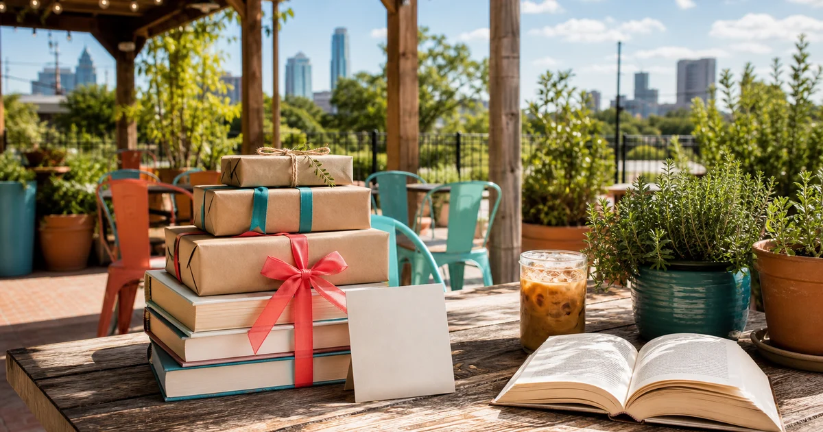 Sunny Austin patio cafe table with plain wrapped book gifts, blank greeting card, iced coffee, plants, and an open generic book