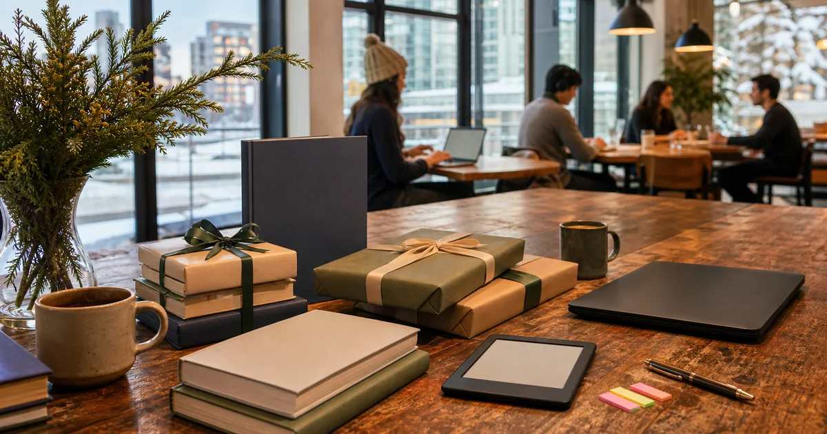 Bright Vancouver literary coffeehouse table with wrapped blank book gifts, coffee, an unbranded laptop, and a neutral e-reader