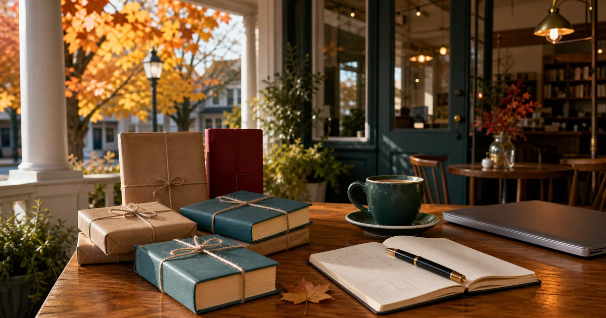 New England fall literary coffeehouse porch with wrapped blank technology books, coffee, notebook, pen, and an unbranded laptop
