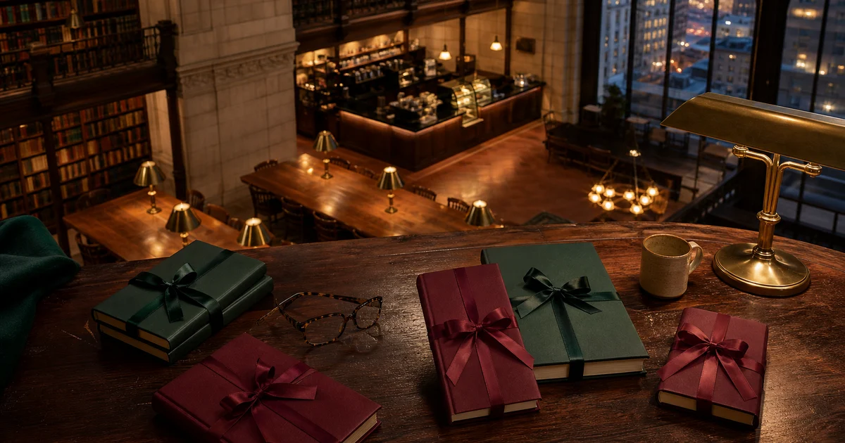 Dusk New York library reading room with wrapped blank books, reading glasses, mugs, brass lamps, and a cafe counter below