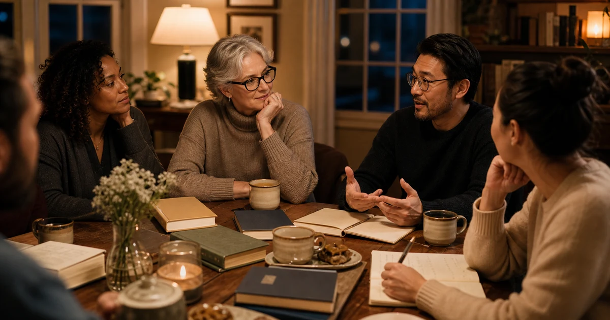 Evening book club conversation around blank memoir books, notes, mugs, and warm lamplight