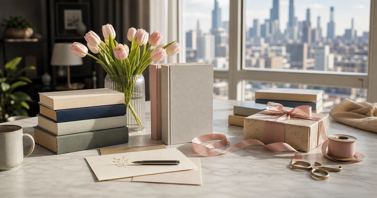 Spring gift wrapping desk with blank biography books, ribbon, flowers, and city morning light