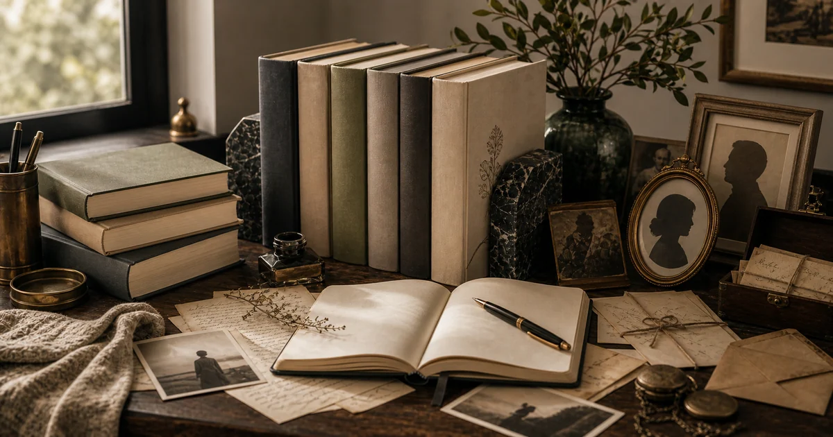 Archival desk with blank memoirs, journals, portrait silhouettes, old letters, brass frame, and soft daylight