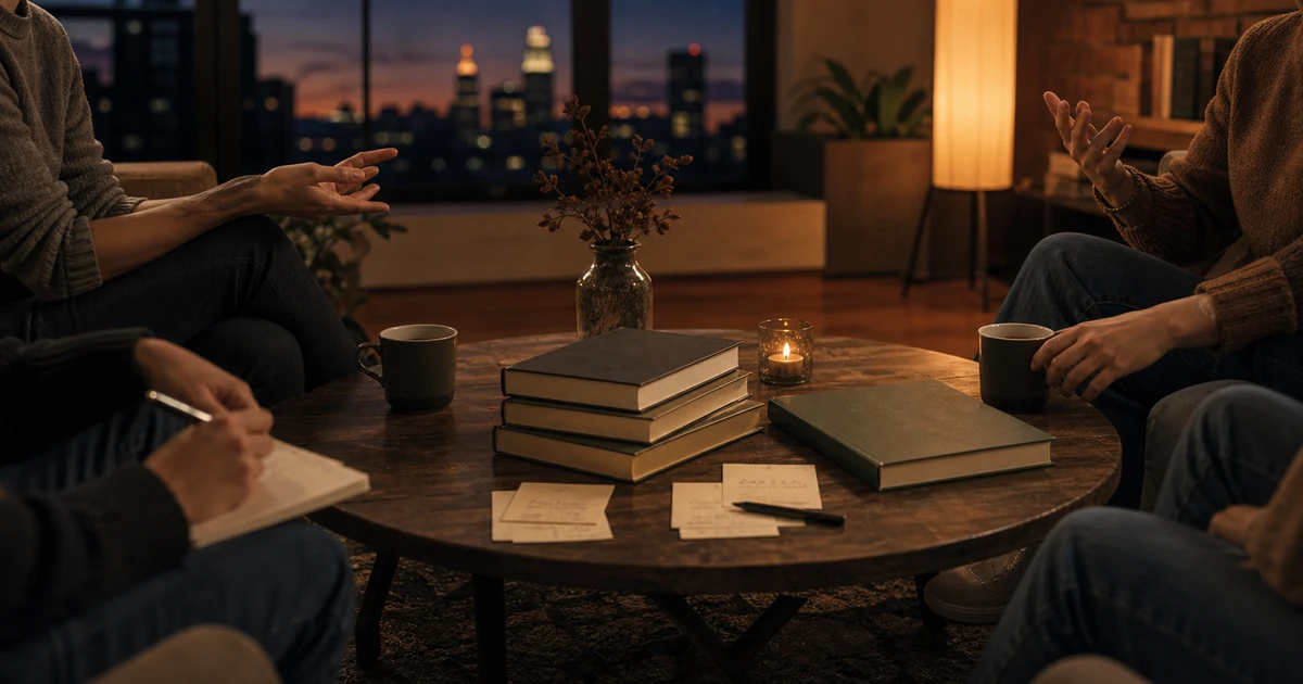 Evening apartment conversation circle with blank memoir books, note cards, and city dusk beyond the window