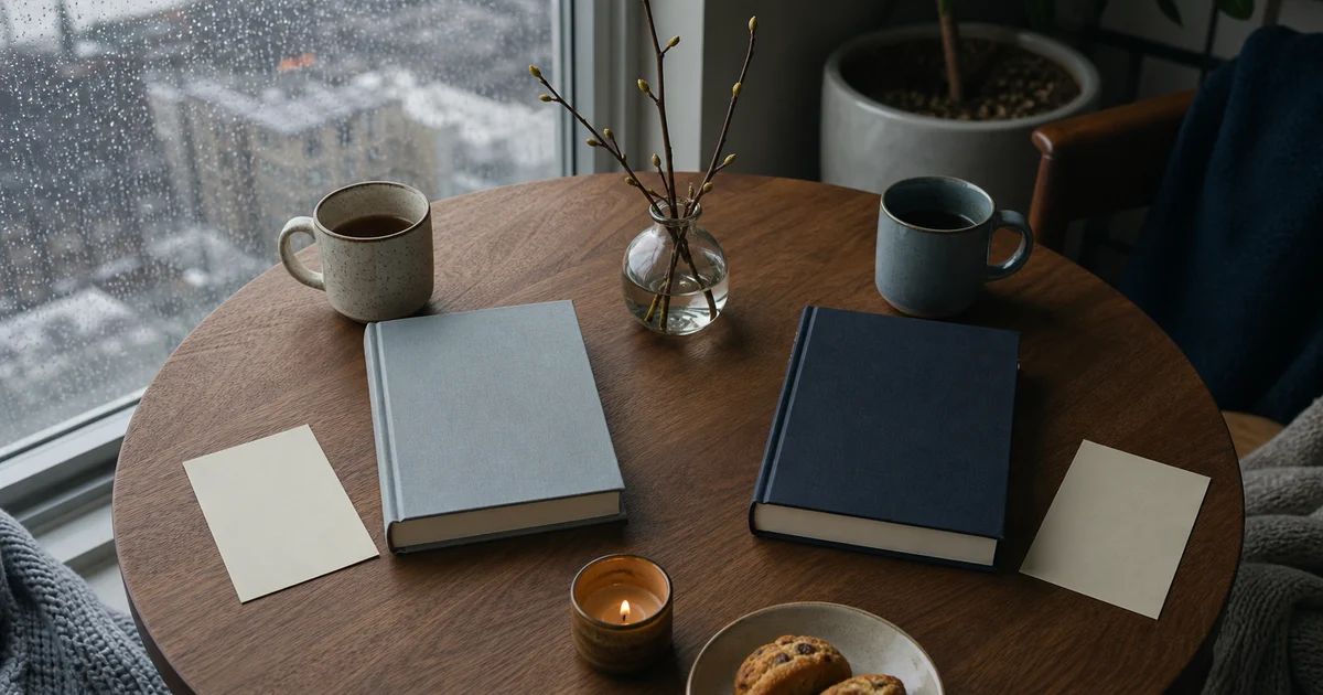 Rainy Seattle apartment table with two blank books, mugs, note cards, and reflective book club mood