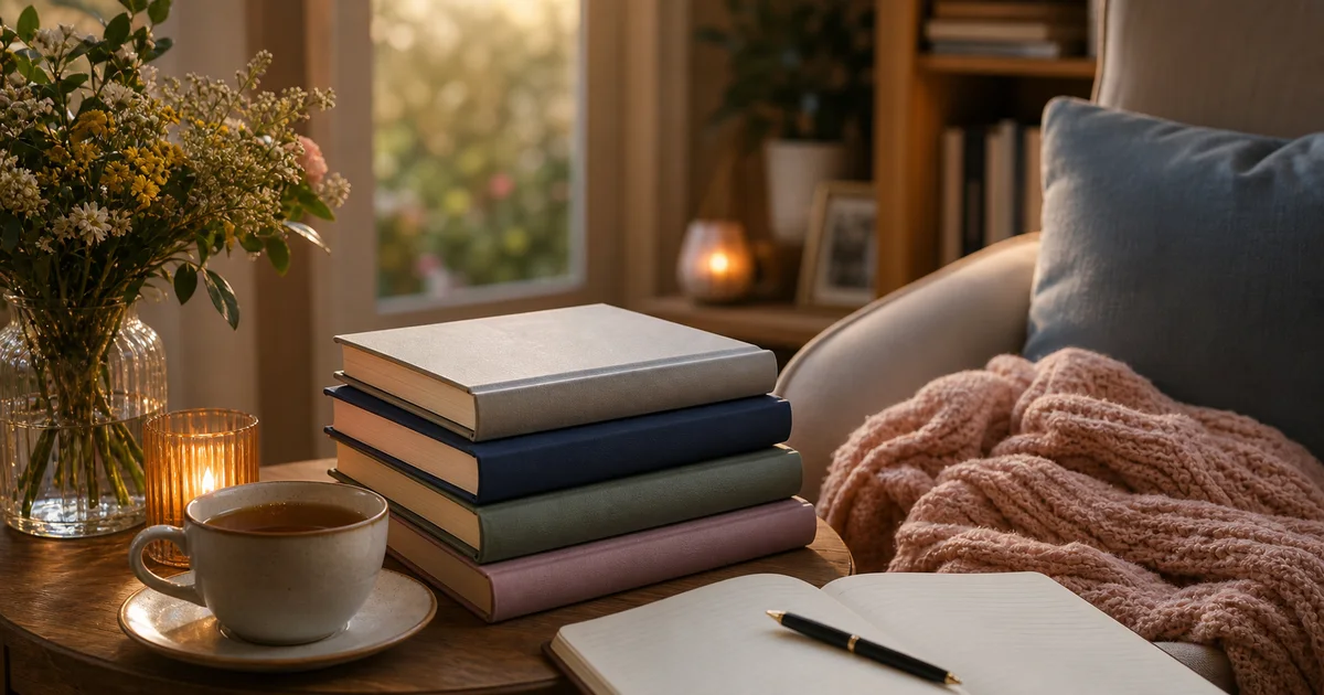 Serene home reading nook with blank books, soft throw blanket, tea, flowers, journal, and gentle evening light