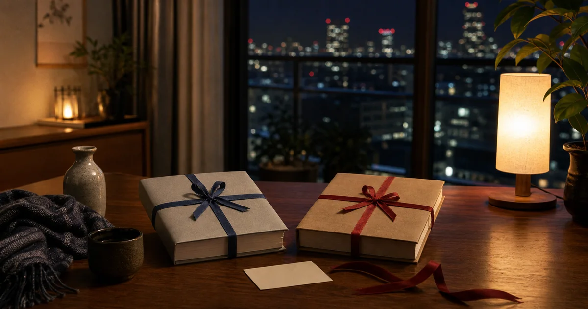 A compact night apartment gift table with two wrapped blank books, warm lamp light, and a skyline view