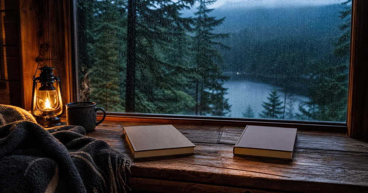 A Pacific Northwest cabin desk at blue hour with blank books, rain-dark evergreens, and a small lantern