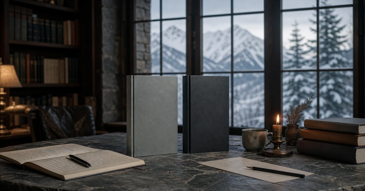 Winter alpine library table with two blank life-story books and reflective notes by snowy windows