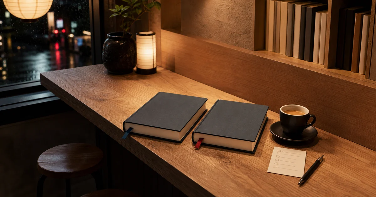 Tokyo-style night cafe counter with two blank books side by side, lantern light, coffee, pencil, and abstract checklist card
