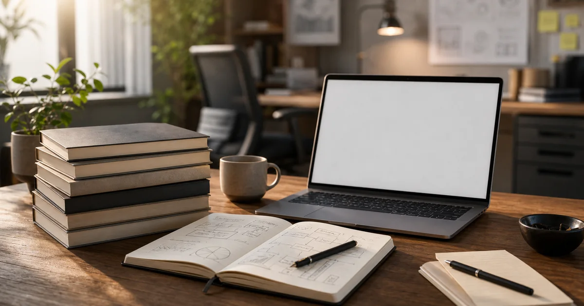 Modern operator desk with blank business books, laptop, notebook diagrams, coffee, and a focused workspace