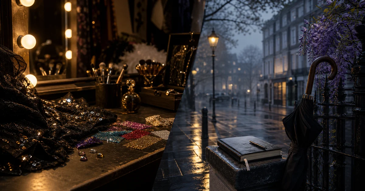 A theatrical backstage scene blended with a rainy London street, blank notebooks, umbrella, mirror lights, and no readable signage