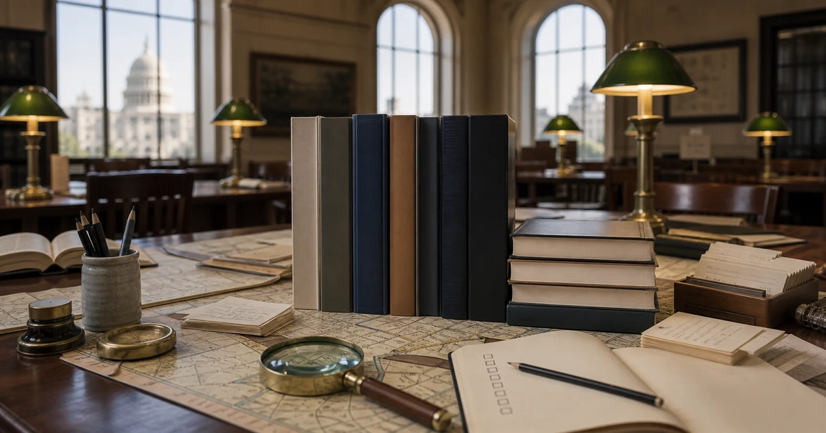 Archive reading room table with blank memoir books, maps, index cards, and a careful selection checklist