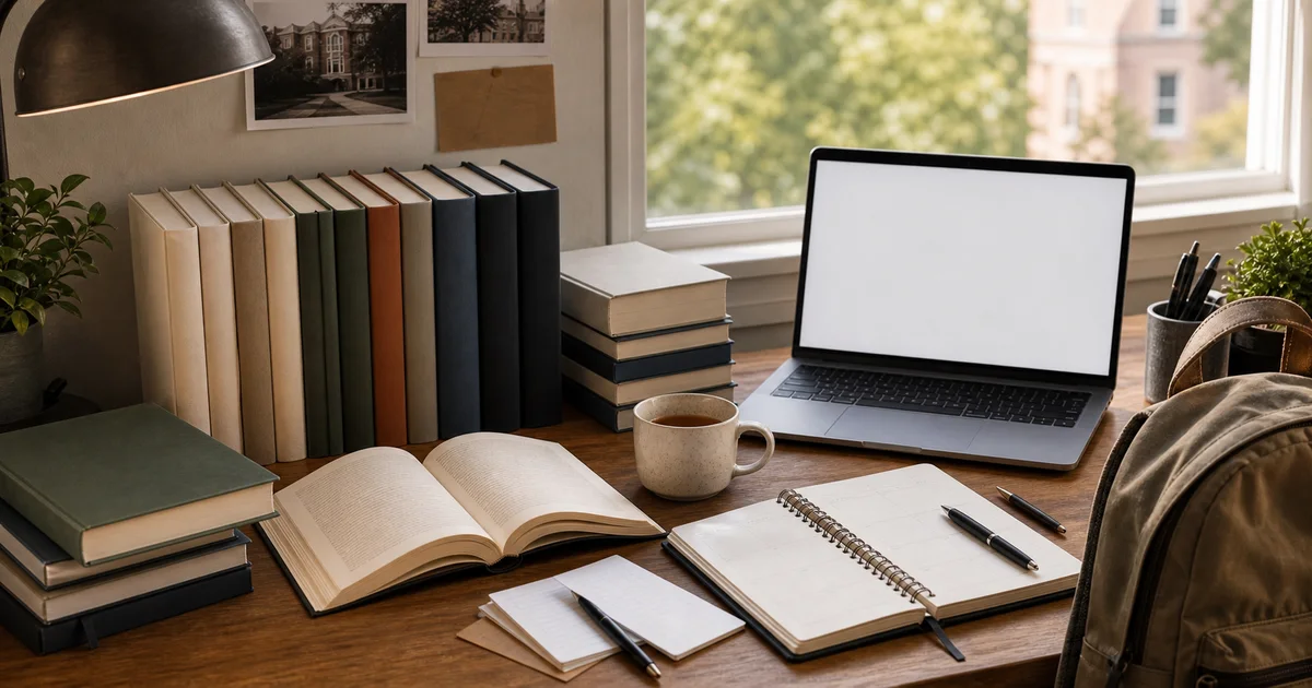 Modern college study desk with blank books, blank laptop, planner, index cards, backpack, and campus window light
