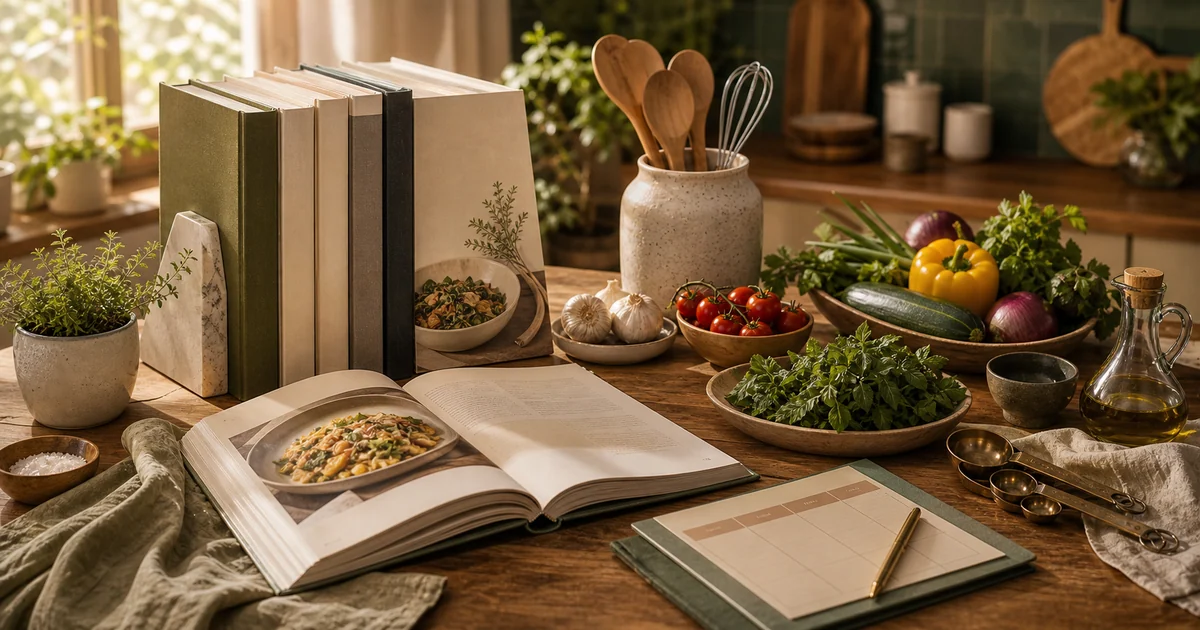 Warm kitchen reading table with blank cookbooks, vegetables, linen, and weeknight meal planning objects