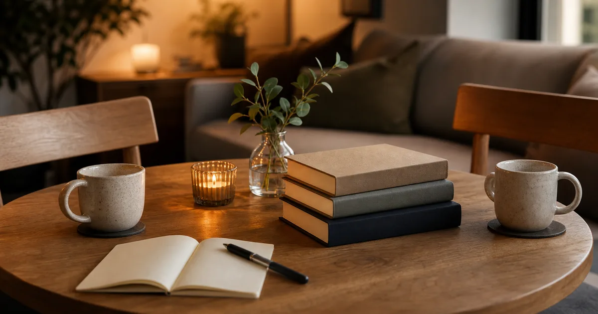 Warm home table with two mugs, blank relationship books, notebook, candle, and calm conversation setting