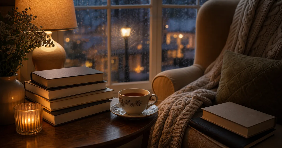 Warm evening reading nook with blank mystery books, tea, lamp light, rain window, and a cozy suspense mood
