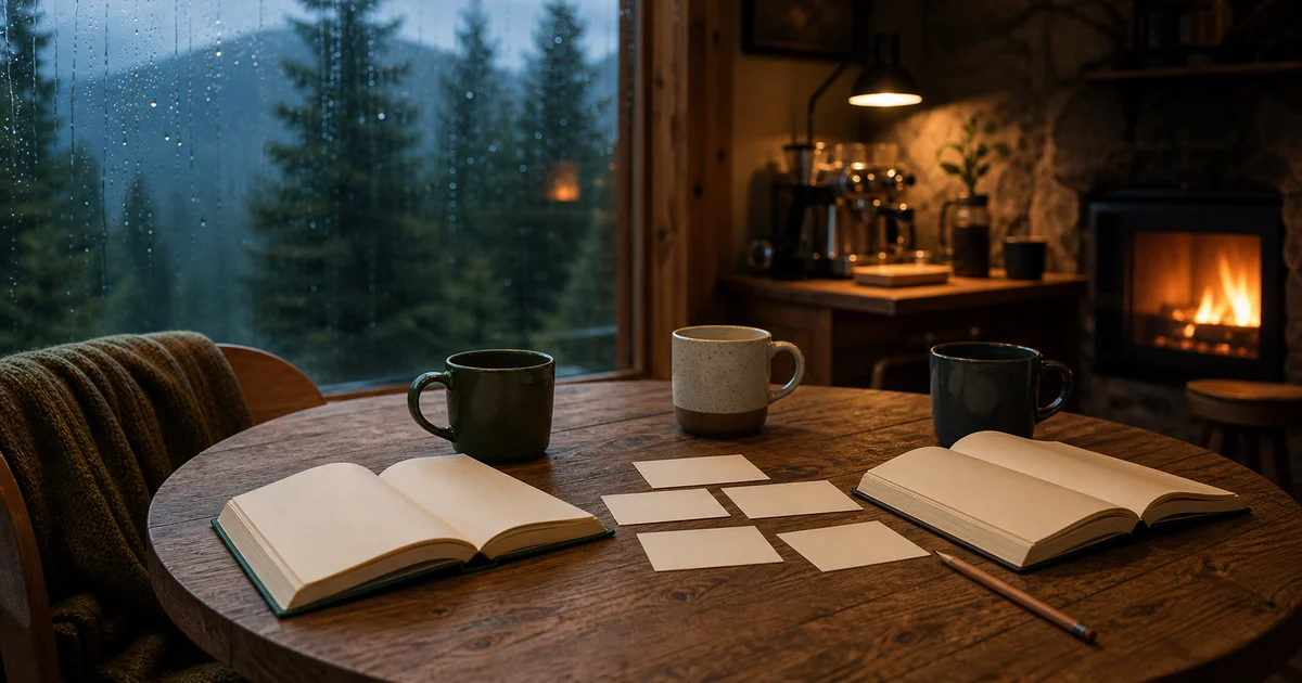 Pacific Northwest cabin evening table with open unbranded books, mugs, blank discussion cards, rain windows, and fireplace glow