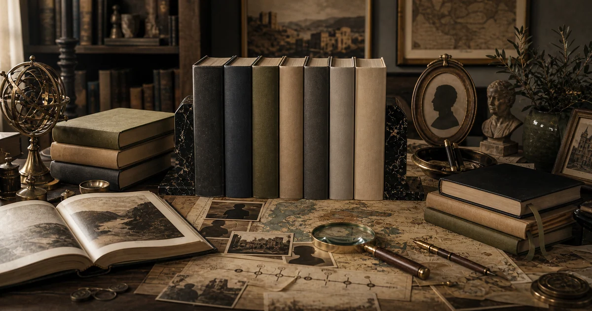 Refined archival table with blank biography and history books, map fragments, timeline cards, and museum light