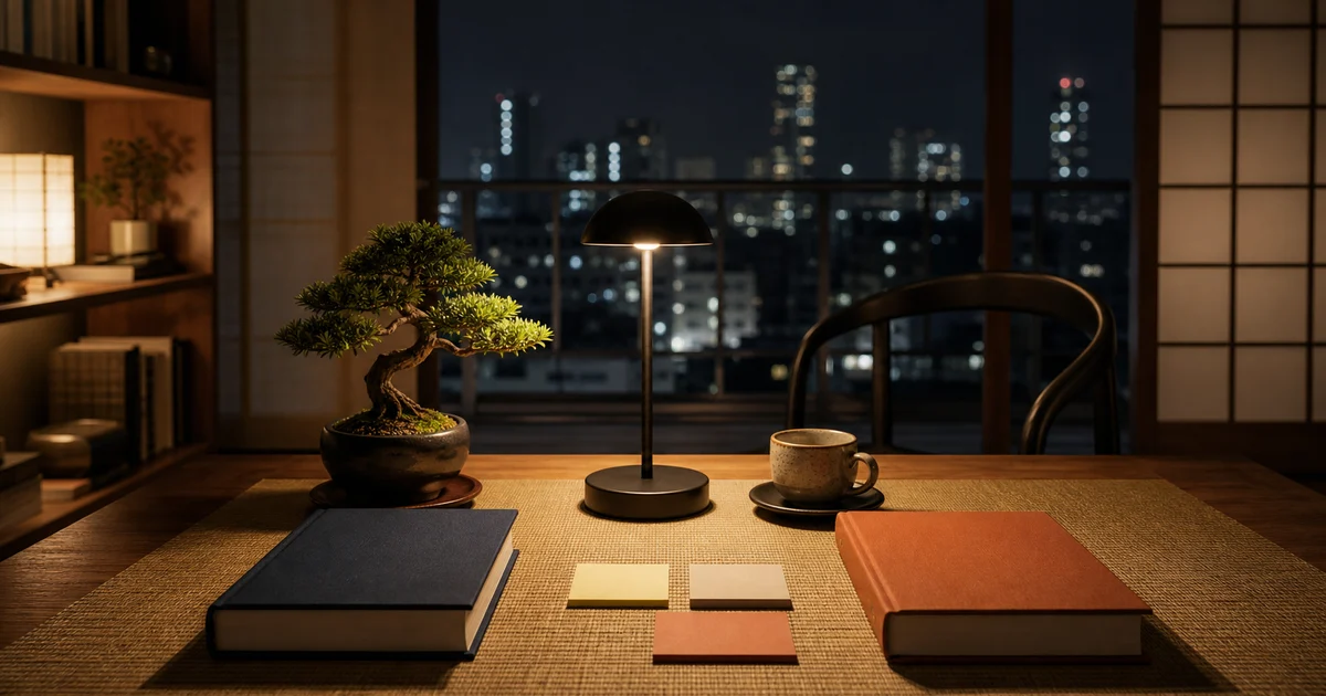 Tokyo-style night reading nook with two plain books, minimalist lamp, bonsai, blank notes, and city lights