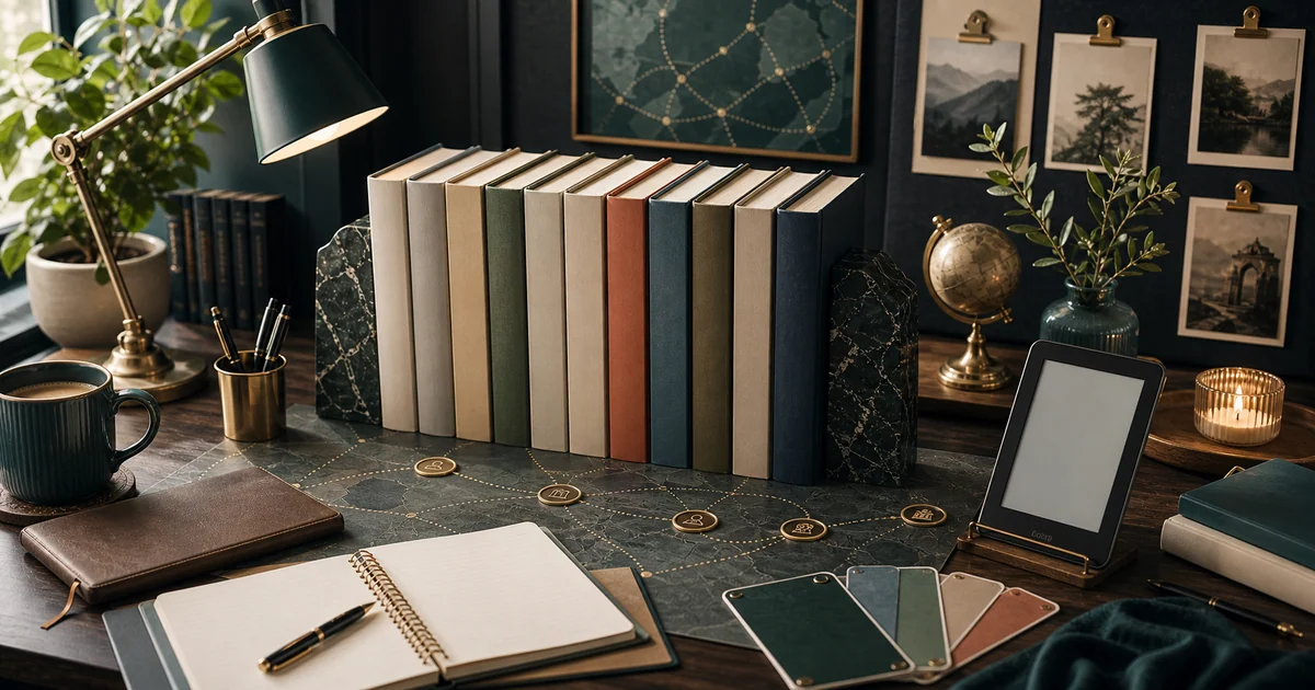 Refined digital reading desk with blank books, a logo-free e-reader, category cards, and discovery notes