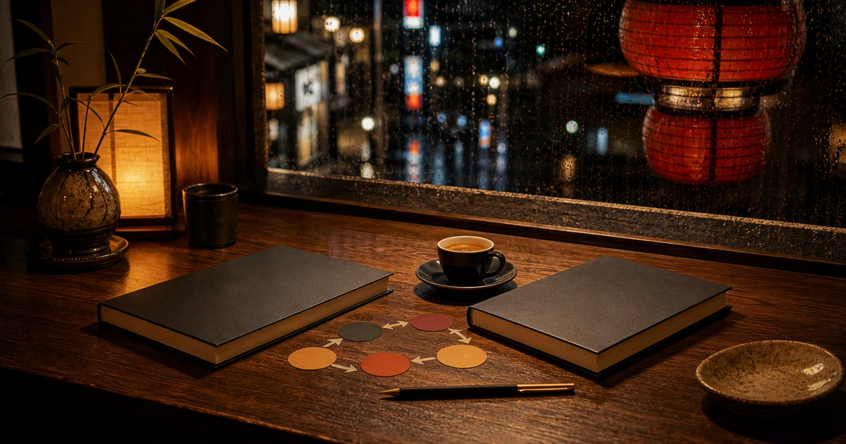 Tokyo-style rainy night cafe counter with two blank business books, espresso, pencil, and abstract sales conversation cards