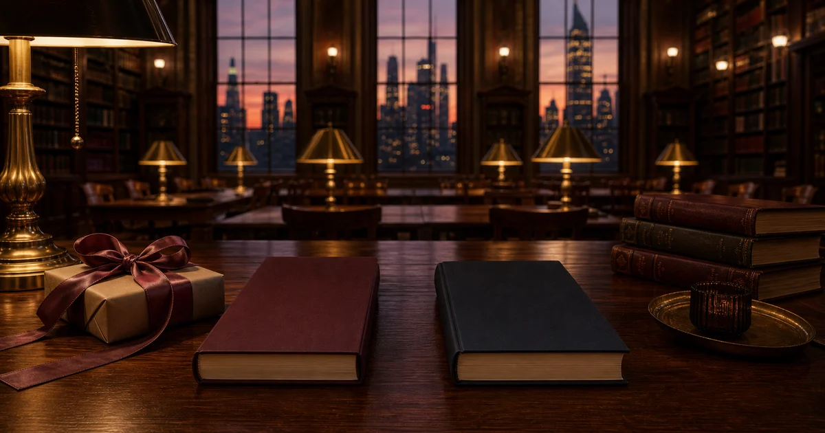 A New York library reading room at dusk with blank books, neutral gift ribbon, brass lamp glow, and walnut tables