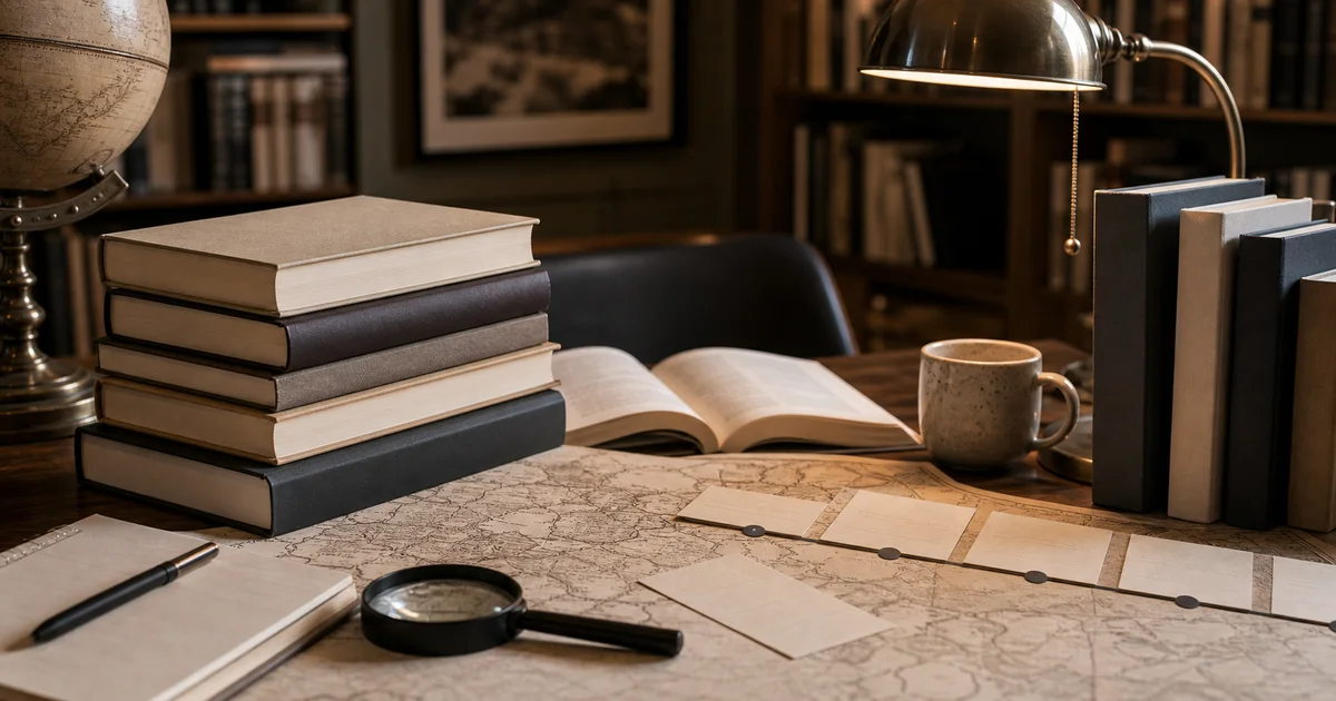 Refined study desk with blank history books, old map-like paper without labels, timeline cards, a magnifying glass, and warm lamplight