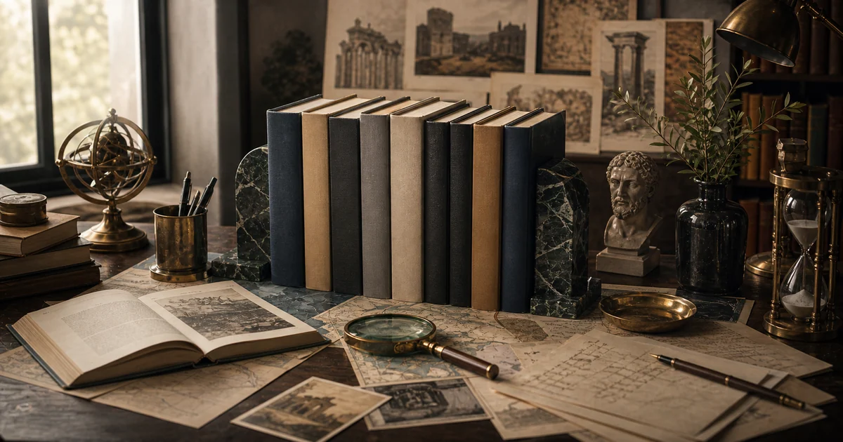 Archival reading table with blank history books, map fragments, timeline objects, brass magnifier, and museum light