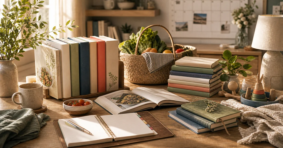 Organized home reading table with blank cookbooks, family books, notebooks, groceries, and soft morning light