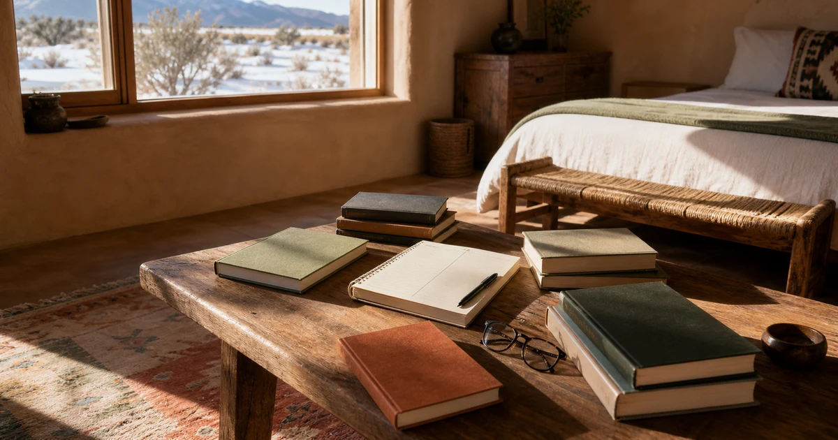 Santa Fe guest room with blank business books, decision notebook, glasses, and desert winter light
