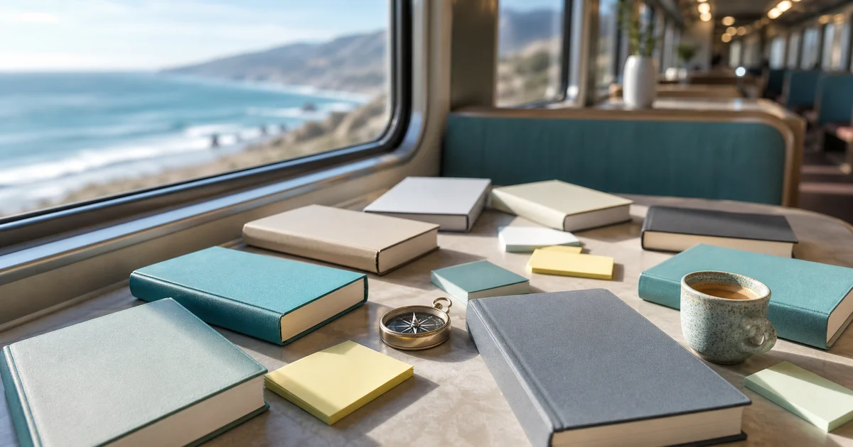 California coastal train lounge table with blank books, a compass, pastel notes, coffee, and ocean light through large windows