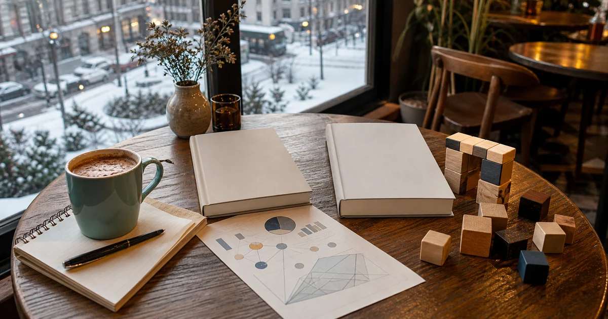 Chicago winter cafe table with blank books, abstract AI finance papers, wooden block pieces, a notebook, and cocoa