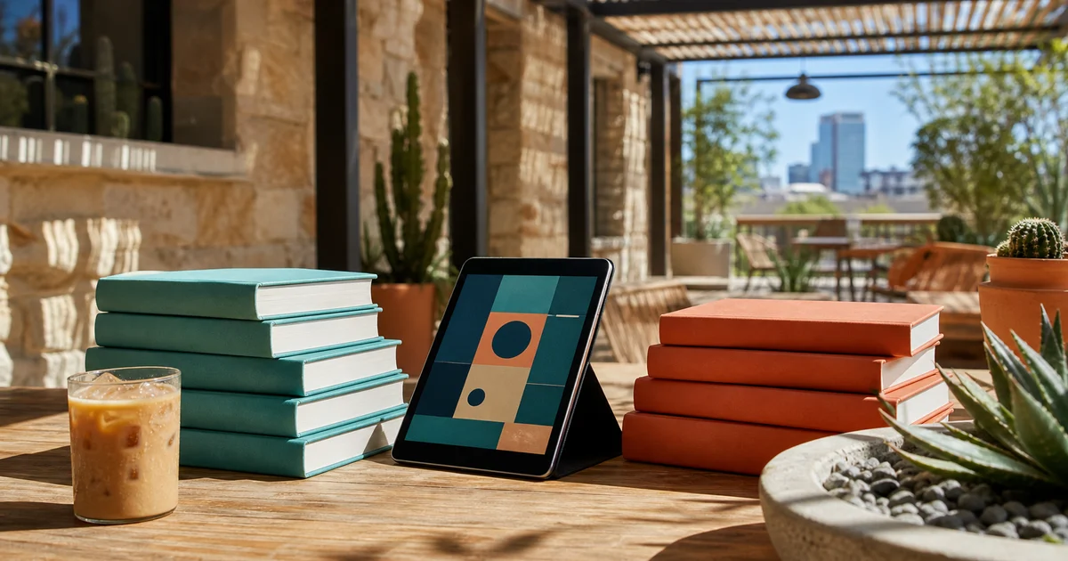 Sunny Austin patio cafe with two contrasting stacks of blank books, an abstract tablet display, iced coffee, and desert plants