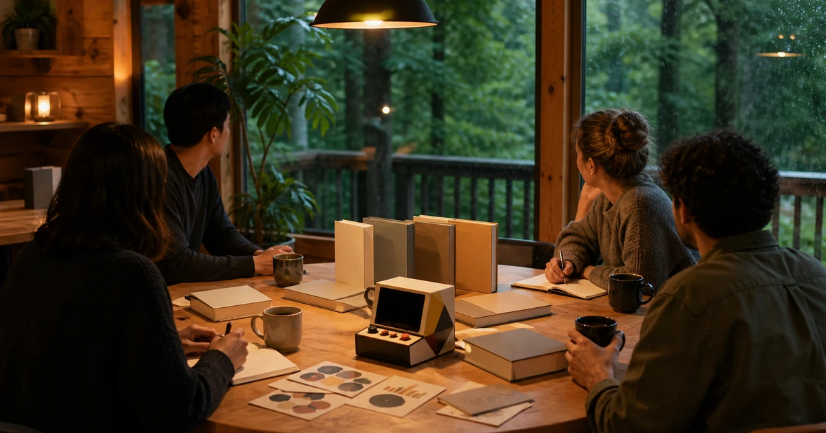Pacific Northwest cabin coffeehouse meeting table with blank books, notebooks, abstract data cards, coffee, and rainlit forest windows