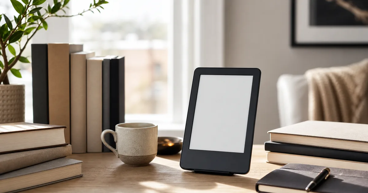 Modern reading desk with blank e-reader, neutral books, coffee, and soft daylight for a digital library guide